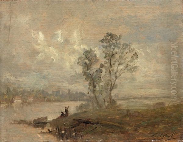 Les Bords De Seine Oil Painting by Paul Huet