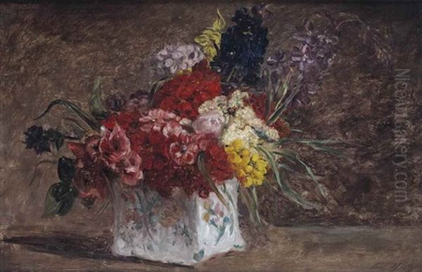 A Colourful Bouquet In A Porcelain Vase Oil Painting by Paul Huet