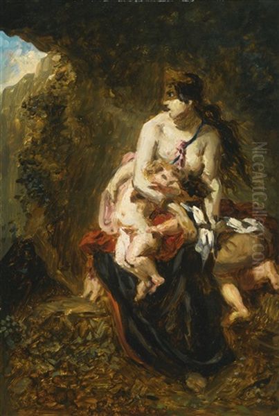 Medea (after Eugene Delacroix) Oil Painting by Paul Huet