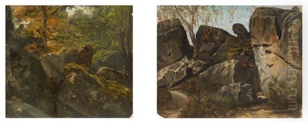 Les Rochers Du Calvaire En Foret De Fontainebleau (2 Works) Oil Painting by Paul Huet