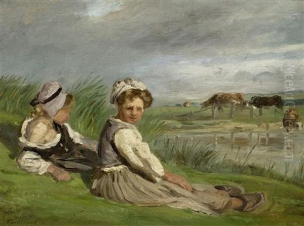 Zwei Schaferinnen Aus Der Normandie Auf Einer Wiese Oil Painting by Paul Huet