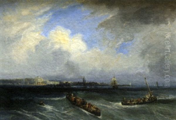 Barques Dans Une Mer Agitee Oil Painting by Paul Huet