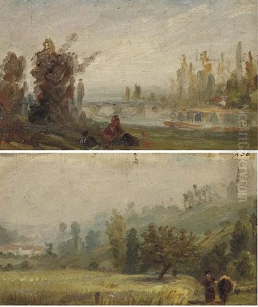 Vue De Fontenay-aux-roses (+ Un Paysage Avec Un Pont Enjambant Une Riviere Et Des Figures Au Premier Plan; 2 Works) Oil Painting by Paul Huet