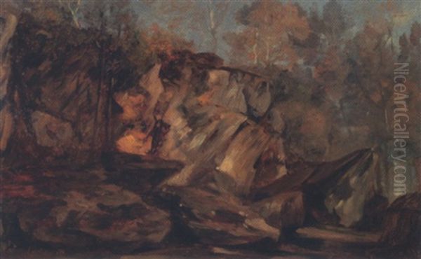 Rochers En Foret De Fontainebleau Oil Painting by Paul Huet