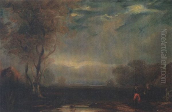 Crepuscule Avec Personnage En Pantalon Rouge (une Scene Tiree D'un Roman De Walter Scott?) Oil Painting by Paul Huet