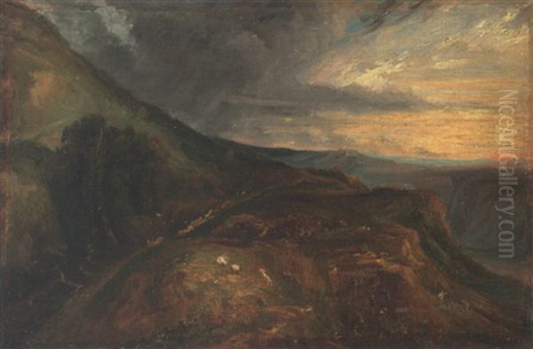 Souvenir D'auvergne, Soleil Couchant Dans Les Montagnes Oil Painting by Paul Huet