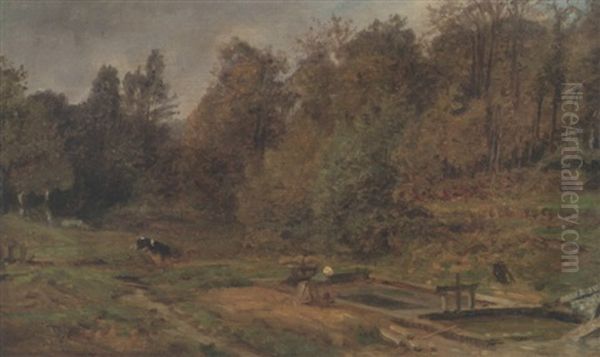 Lavoir En Foret, Pres De Pont-audemar, Effet D'automne Oil Painting by Paul Huet