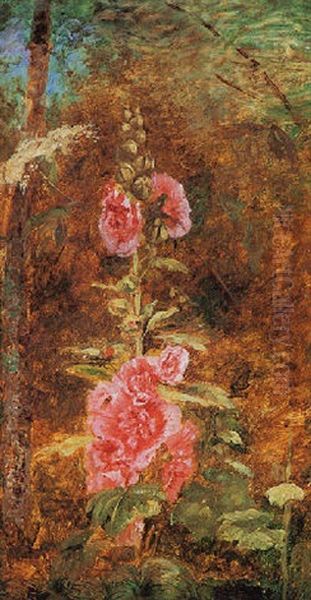 Hollyhocks Oil Painting by Paul Huet