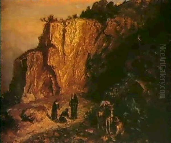 La Grotte De Santa Croce (comte De Nice) Oil Painting by Paul Huet