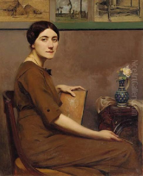 Portrait Of A Lady Artist Seated In An Interior, Holding A Drawing Board Oil Painting by Rene Ernest Huet