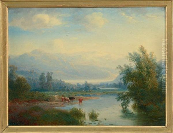 Vaches S'abreuvant Dans Un Paysage De Montagne Oil Painting by Claude Sebastien Hugard De La Tour