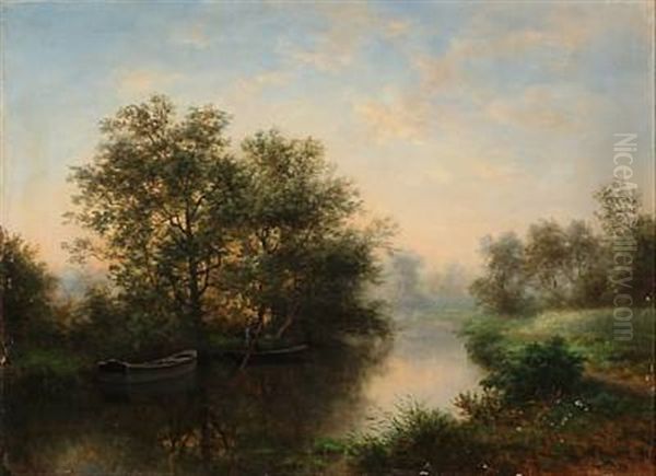 Forest Scene With A Man In A Rowing Boat Oil Painting by Claude Sebastien Hugard De La Tour