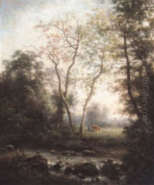 Herder And Cows By A Woodland Stream Oil Painting by Claude Sebastien Hugard De La Tour