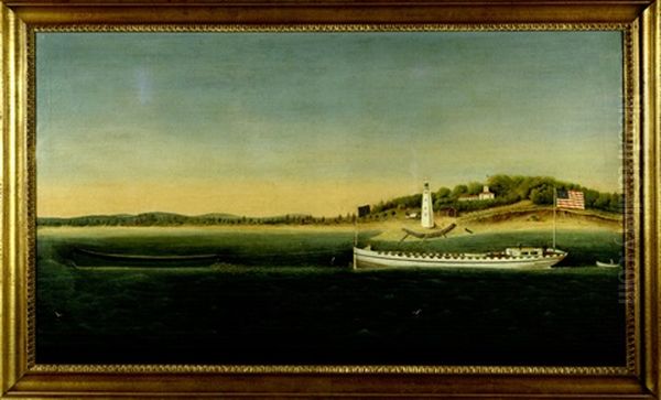 Towboat With Barge Passing A Lighthouse, Bridgeport Harbor Oil Painting by Jurgen Frederick Huge