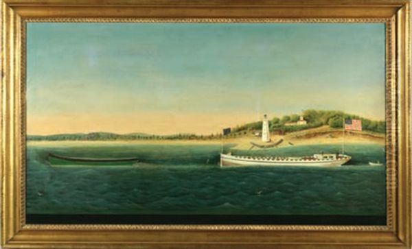 Towboat With Barge Passing A Lighthouse, Bridgeport Harbor Oil Painting by Jurgen Frederick Huge