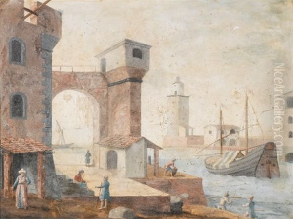 Figures Within Harbour Scenes (pair) Oil Painting by Ignazio Enrico Hugford