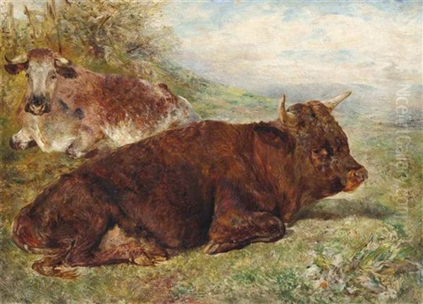 Young Bull Of The Welsh Breed, And Cow Oil Painting by William Huggins