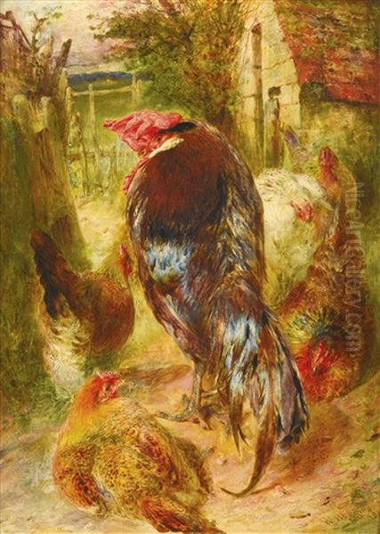 Cockerel And Hens In A Farmyard Oil Painting by William Huggins