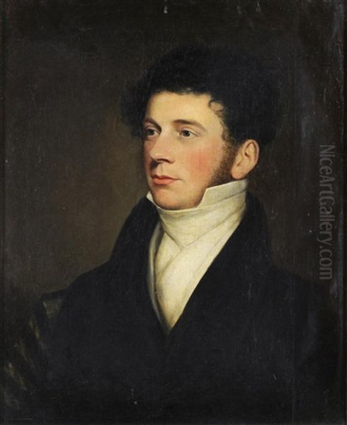 A Head And Shoulders Portrait Of A Young Gentleman Wearing A White Shirt And Black Jacket Oil Painting by William Huggins