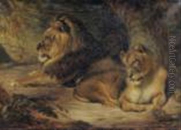 Lion And Lioness Beside A Tree by William Huggins