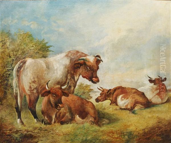 A Bull And Cows In A Landscape Oil Painting by William Huggins