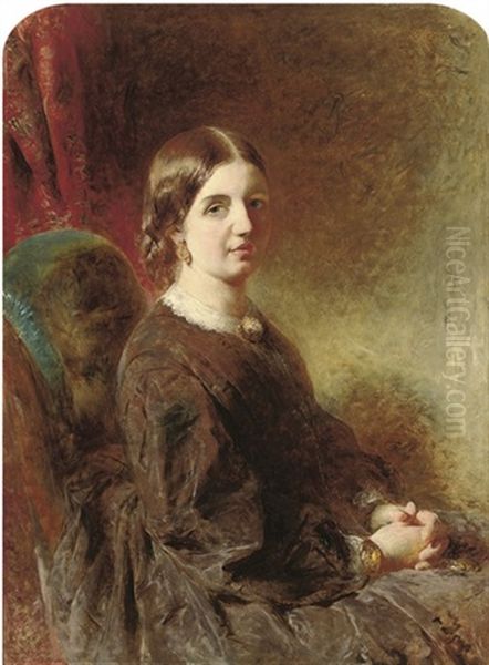 Portrait Of The Artist's Wife, In A Brown Dress Oil Painting by William Huggins