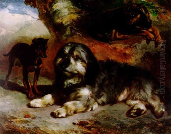 Faithful Friends, A Border Collie And Two Terriers In A Landscape Oil Painting by William Huggins