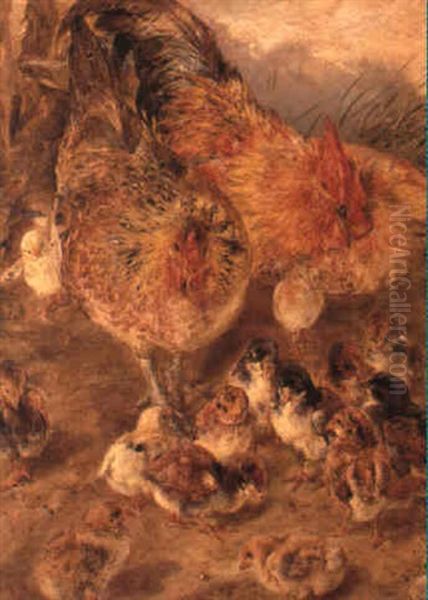 A Cockerel, Hen And Chicks Oil Painting by William Huggins