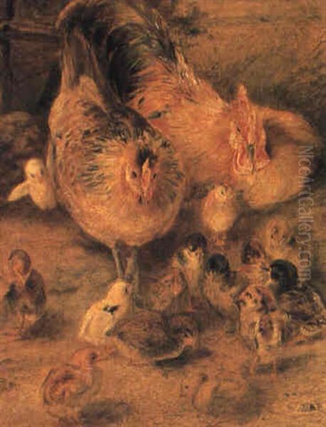 Family Of Chickens Oil Painting by William Huggins