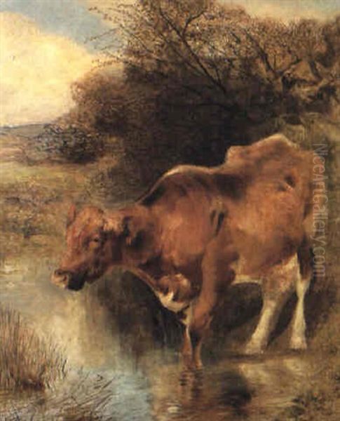 A Cow Watering Oil Painting by William Huggins