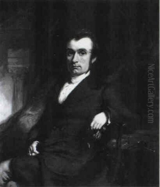 Portrait Of A Seated Gentleman In A Black Frockcoat And     White Stock, Three-quarter Length, With A Classical Temple Oil Painting by William Huggins