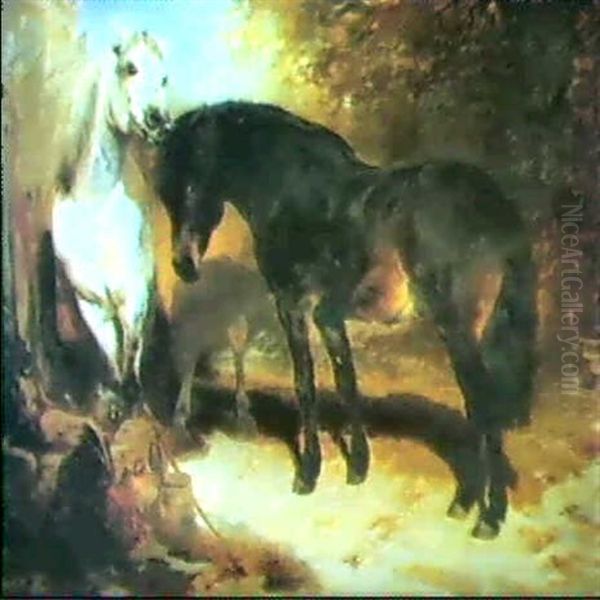 Two Horses By A Pump Oil Painting by William Huggins