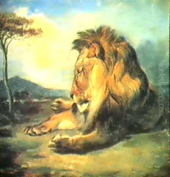 A Lion Resting In An Open Landscape Oil Painting by William Huggins