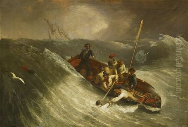 A Man Overboard Being Rescued By Crew In A Ship's Cutter In High Seas Oil Painting by William John Huggins