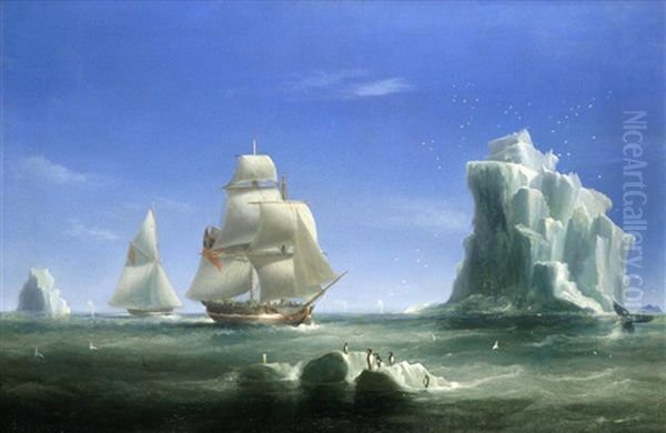 The Brig Jane And Cutter Beaufoy In The James Weddell Antarctic Expedition 1823 Oil Painting by William John Huggins