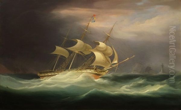 An East Indiaman In A Storm Off Te Eddystone Lighthouse Oil Painting by William John Huggins