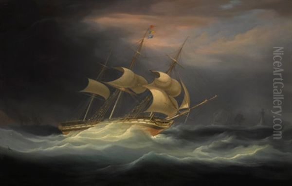 An East Indiaman In A Storm Off The Eddystone Lighthouse Oil Painting by William John Huggins