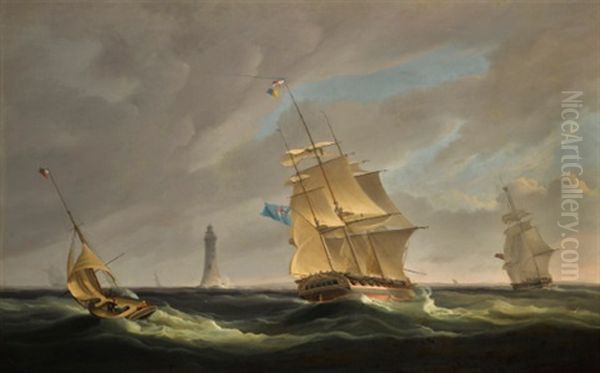 A Frigate And A Yacht Off The Eddystone Lighthouse Oil Painting by William John Huggins