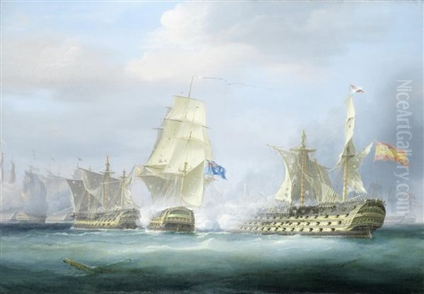 Captain Collingwood's 74-gun Excellent Engaging Two Enemy Vessels, Including The Mighty 110-gun Spanish 4-decker Salvador Del Mundo, At The Battle Of Cape St. Vincent, 14th February 1797 Oil Painting by William John Huggins