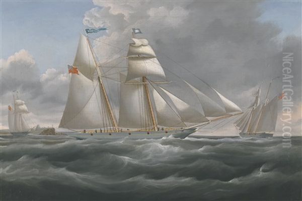 The Schooner Vision In Three Positions Off Tynemouth Oil Painting by William John Huggins