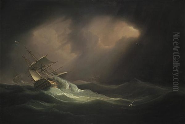 Man-o'-war In A Heavy Sea Oil Painting by William John Huggins