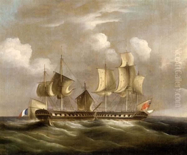 An Anglo-french Frigate Action In The Napoleonic Wars Oil Painting by William John Huggins