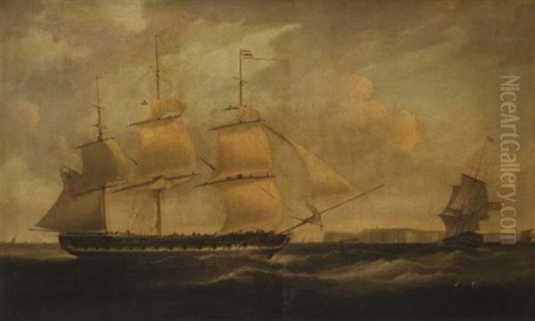 An East Indiaman In Three Positions Off Dover Oil Painting by William John Huggins