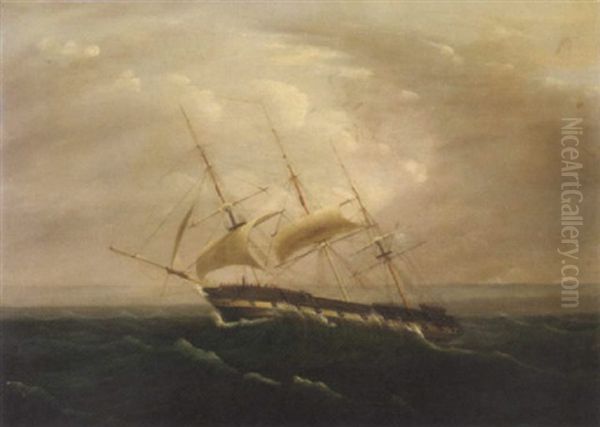 An Armed Merchantman Reefed Down In Heavy Weather Oil Painting by William John Huggins