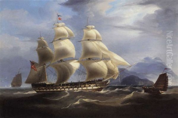 An East Indiaman Reducing Sail Off Hong Kong In Company With A Sampan And Deep Water Junk Oil Painting by William John Huggins