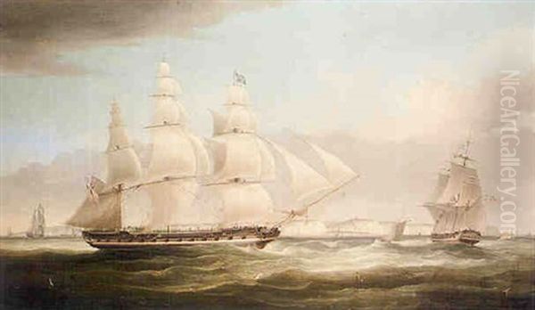 An East Indiaman Under Full Sail In Two Positions Off Dover Oil Painting by William John Huggins