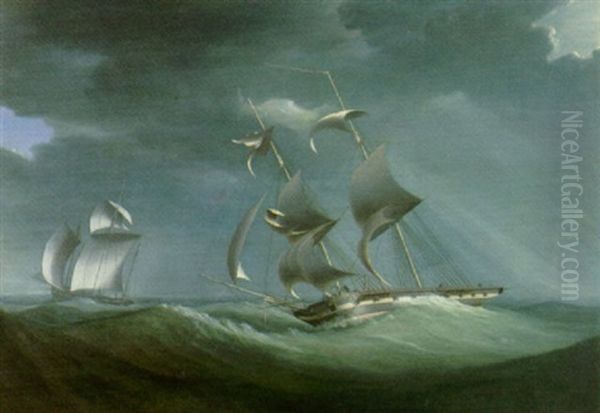 Ships In Stormy Seas Oil Painting by William John Huggins