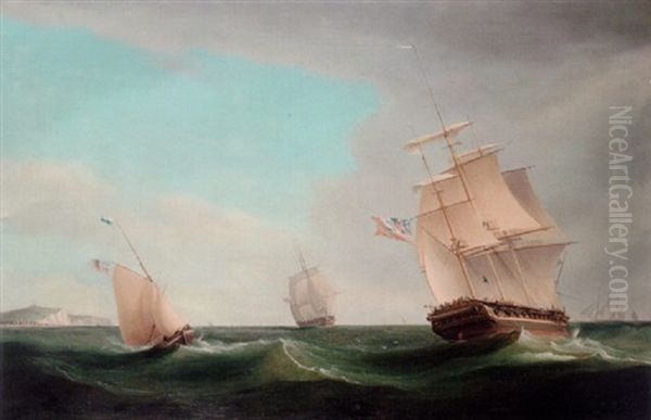 A Frigate Heading Up The Channel Off Dover With A Cutter Approaching Aster Oil Painting by William John Huggins