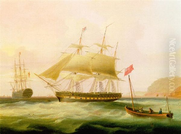 A Frigate In An Estuary With A First Rate Man-o-war Oil Painting by William John Huggins