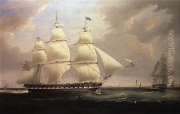 Ship In Two Positions Off A Lighthouse Oil Painting by William John Huggins